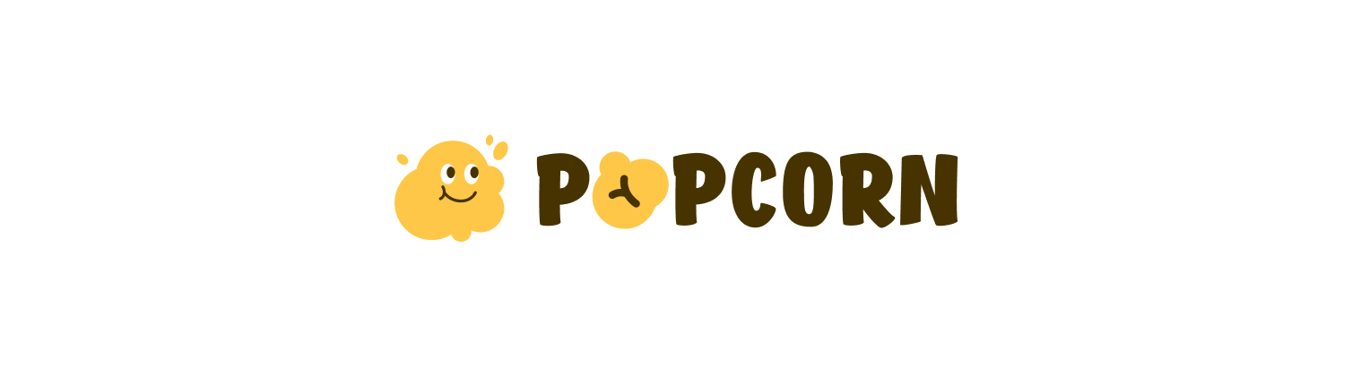 초등 교육 브랜드 팝콘(POPCORN)의 귀여운 스마일 마스코트와 옐로우 컬러 포인트가 적용된 로고 디자인