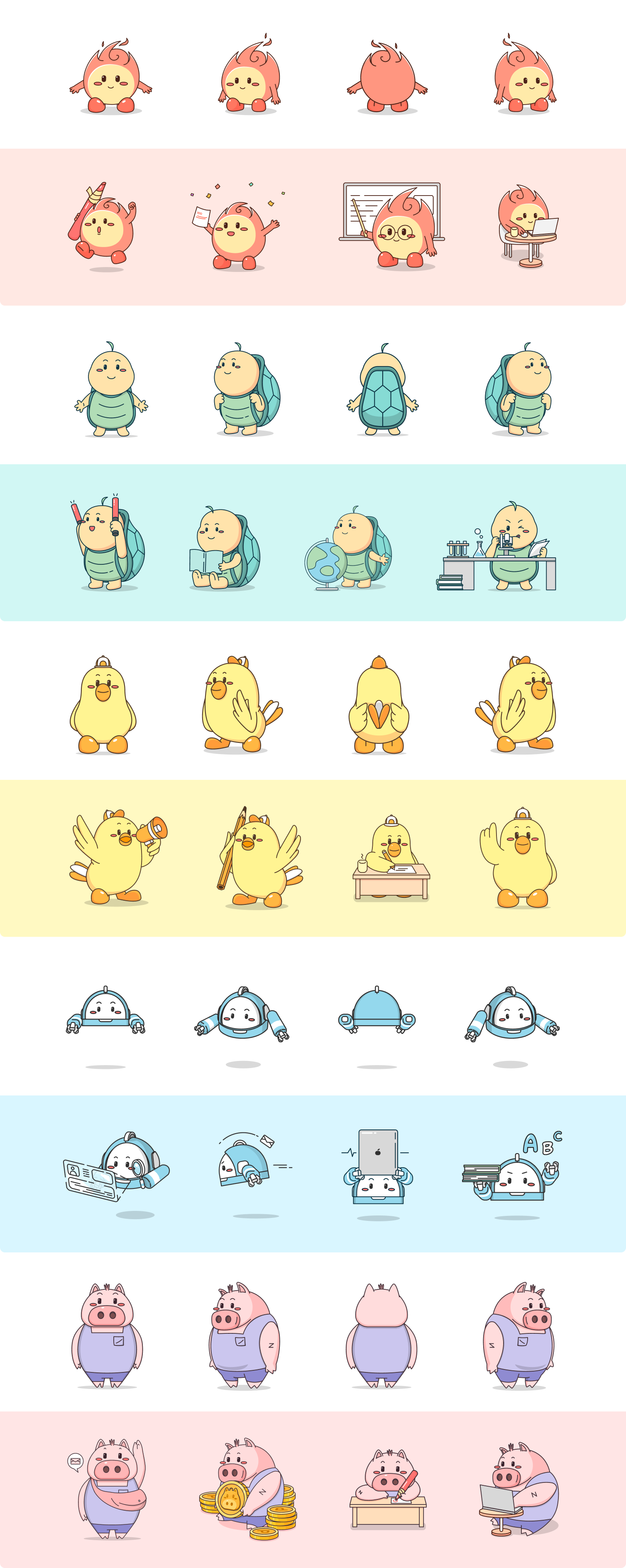 불꽃, 거북이, 새, 로봇, 돼지를 모티브로 한 팝콘의 5종 오리지널 캐릭터와 독서, 실험 등 다채로운 시그니처 포즈 일러스트