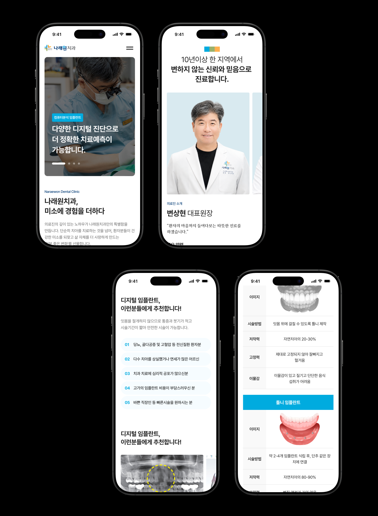 나래원치과 홈페이지의 모바일 디자인입니다.