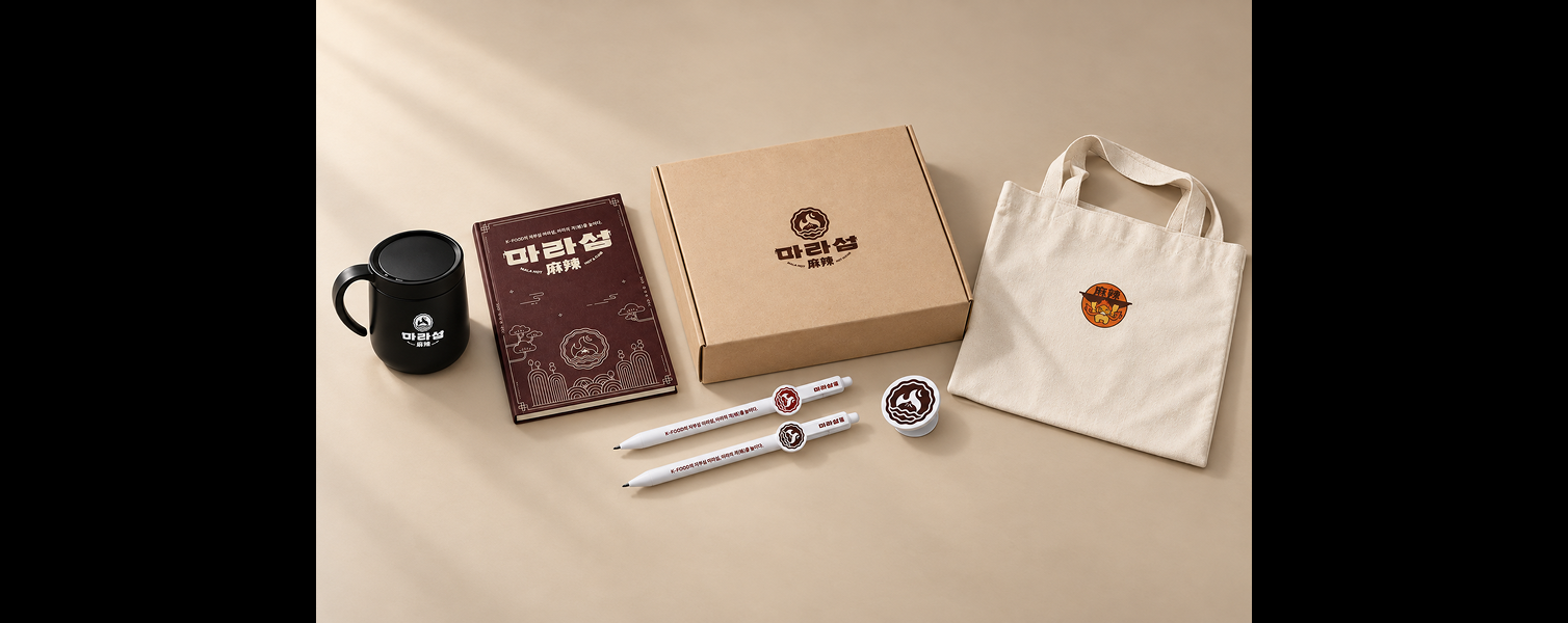 마라섬 로고와 그래픽을 적용한 블랙 머그컵, 플래너, 패키지 박스, 볼펜 2개, 스마트톡, 에코백