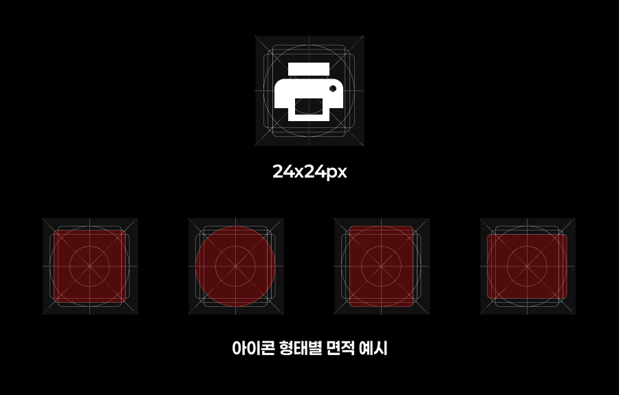 그리드 및 키라인(Keyline) 위에 정렬된 벡터 아이콘 구조입니다.